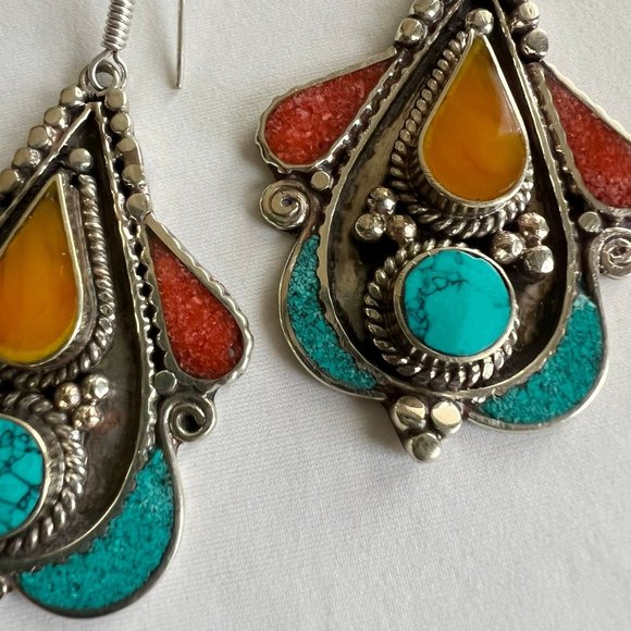 Tribal Boho Style Tibetan Silver Turquoise Coral Copal Amber Inlay Earrings - Picture 4 of 12